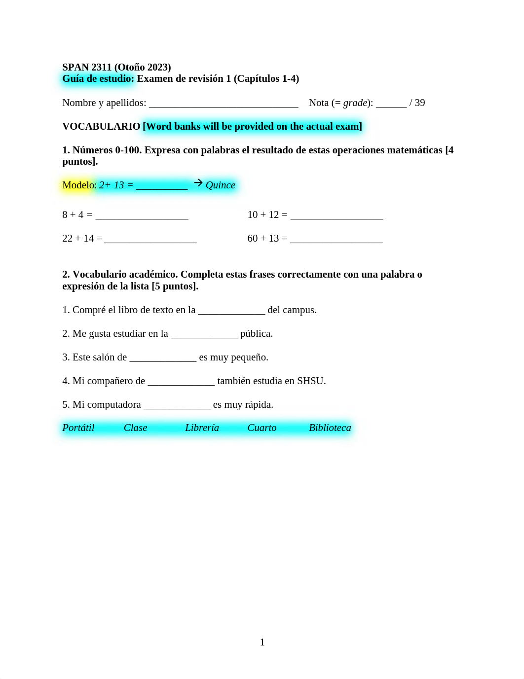 Study guide to review exam 1 (Chs. 1-4) (with answer key) (SPAN 2311-Fall 2023).doc_db72ewpqcl9_page1