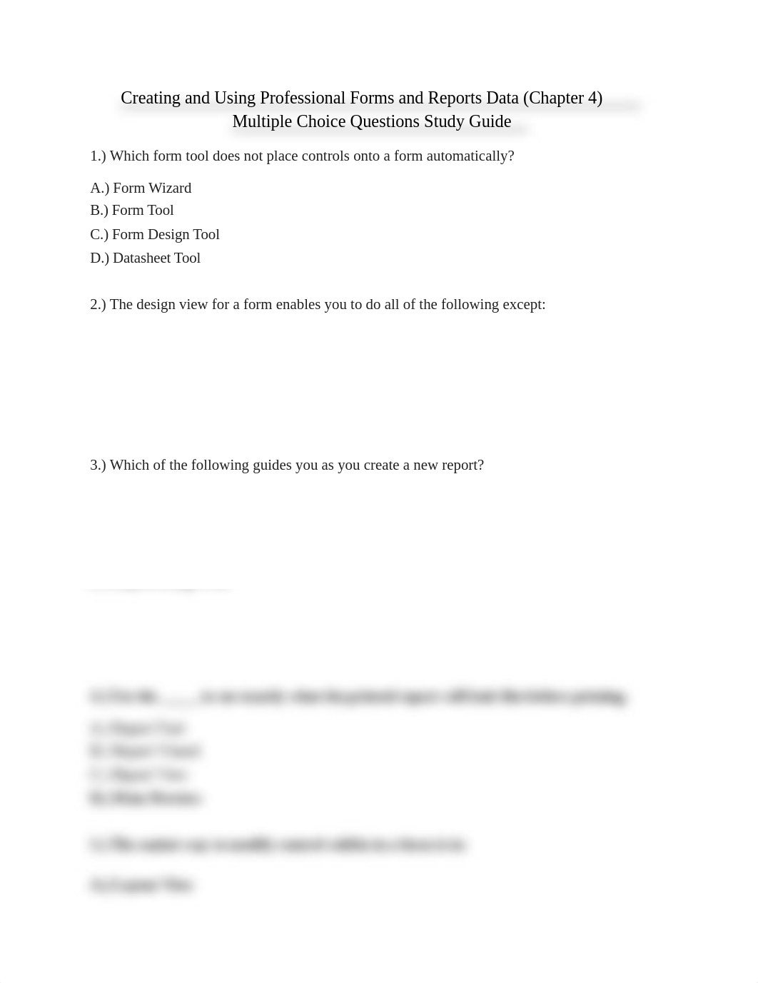 CIS 106 - Creating and Using Professional Forms and Reports Data (Chapter 4) Multiple Choice Questio_db7jbn644f0_page1