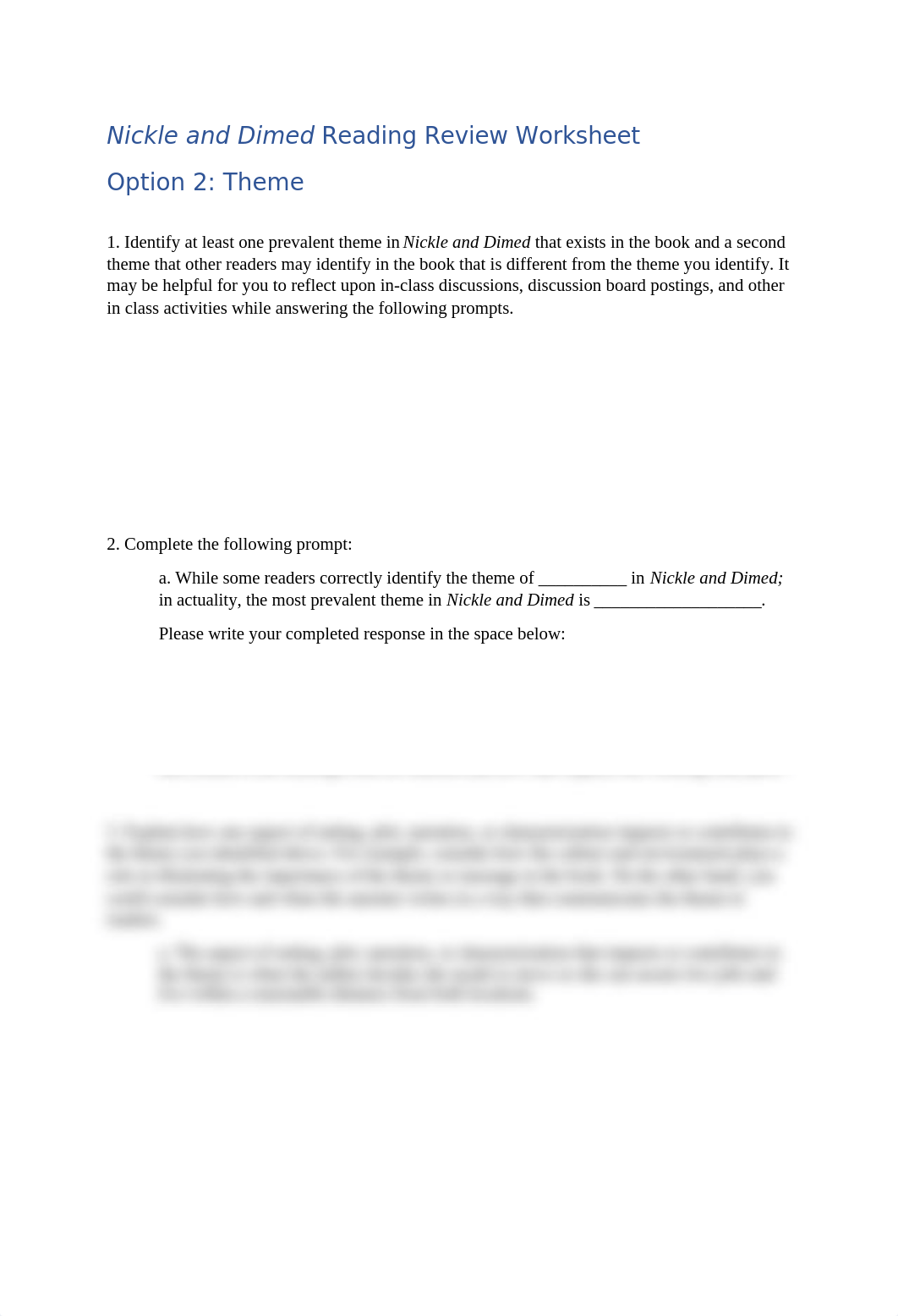 Option TWO Theme Nickle and Dimed Reading Review Worksheet.docx_db8dh5vjkh5_page1