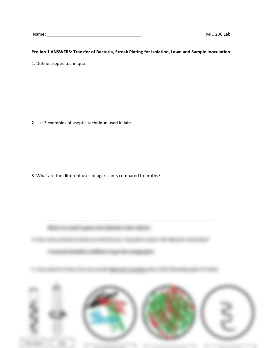 Pre-lab 1 - ANSWERS Aseptic transfers, Streak, Lawn and Sample Inoculations.pdf_db9i91nw8gg_page1