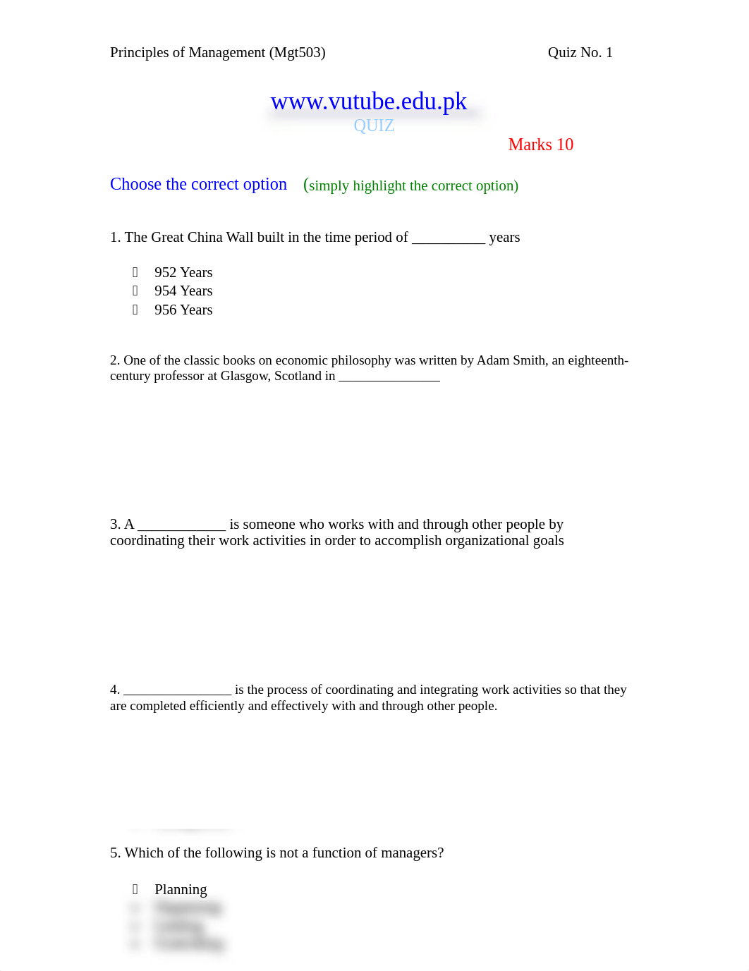 Princilpes of Management - MGT503 Spring 2006 Quiz 01_db9mcohxnjh_page1