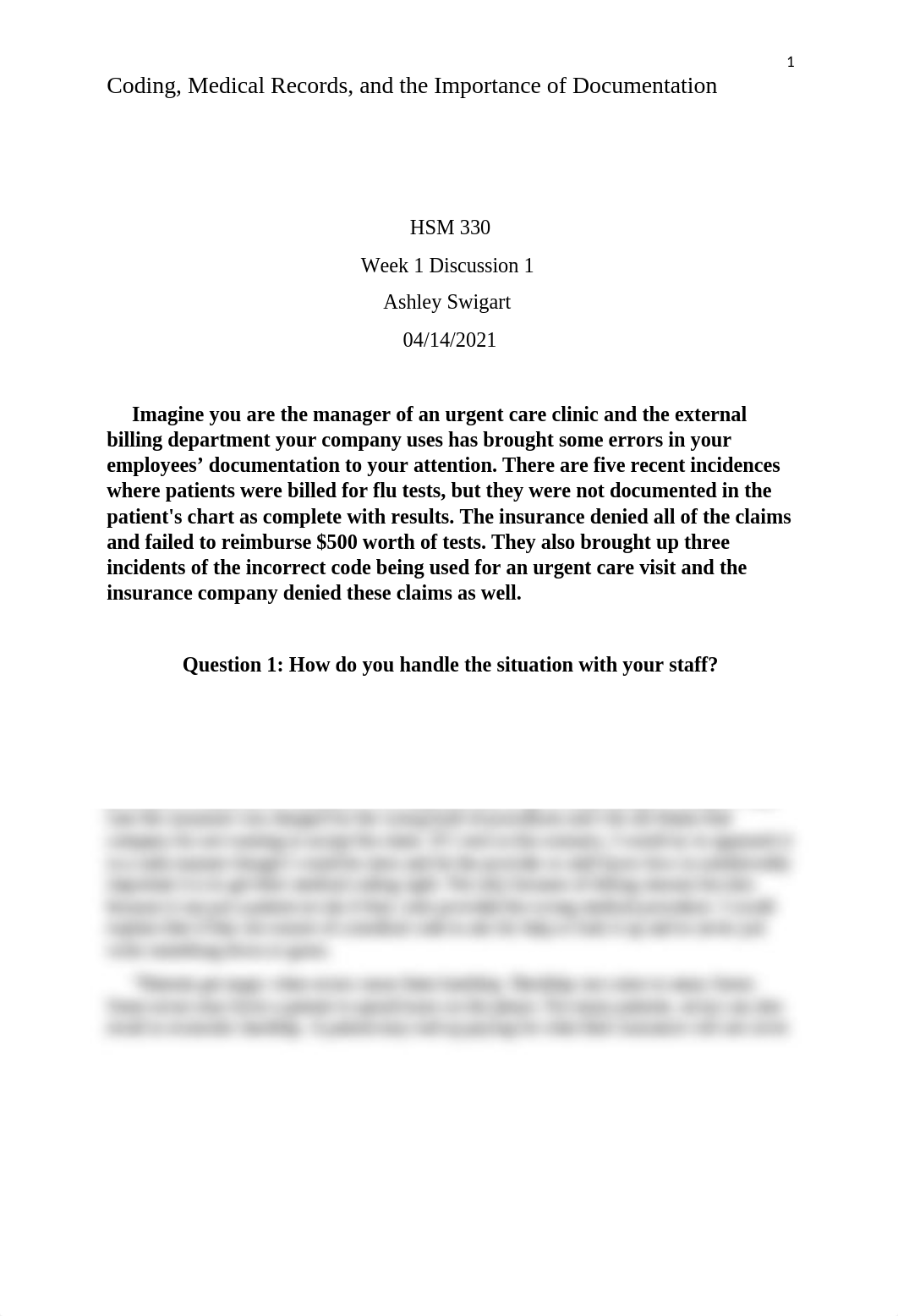 HSM 330_Week 1 Discussion 1_Coding, Medical Records, and the Importance of Documentation.docx_dbd8ujs24zn_page1