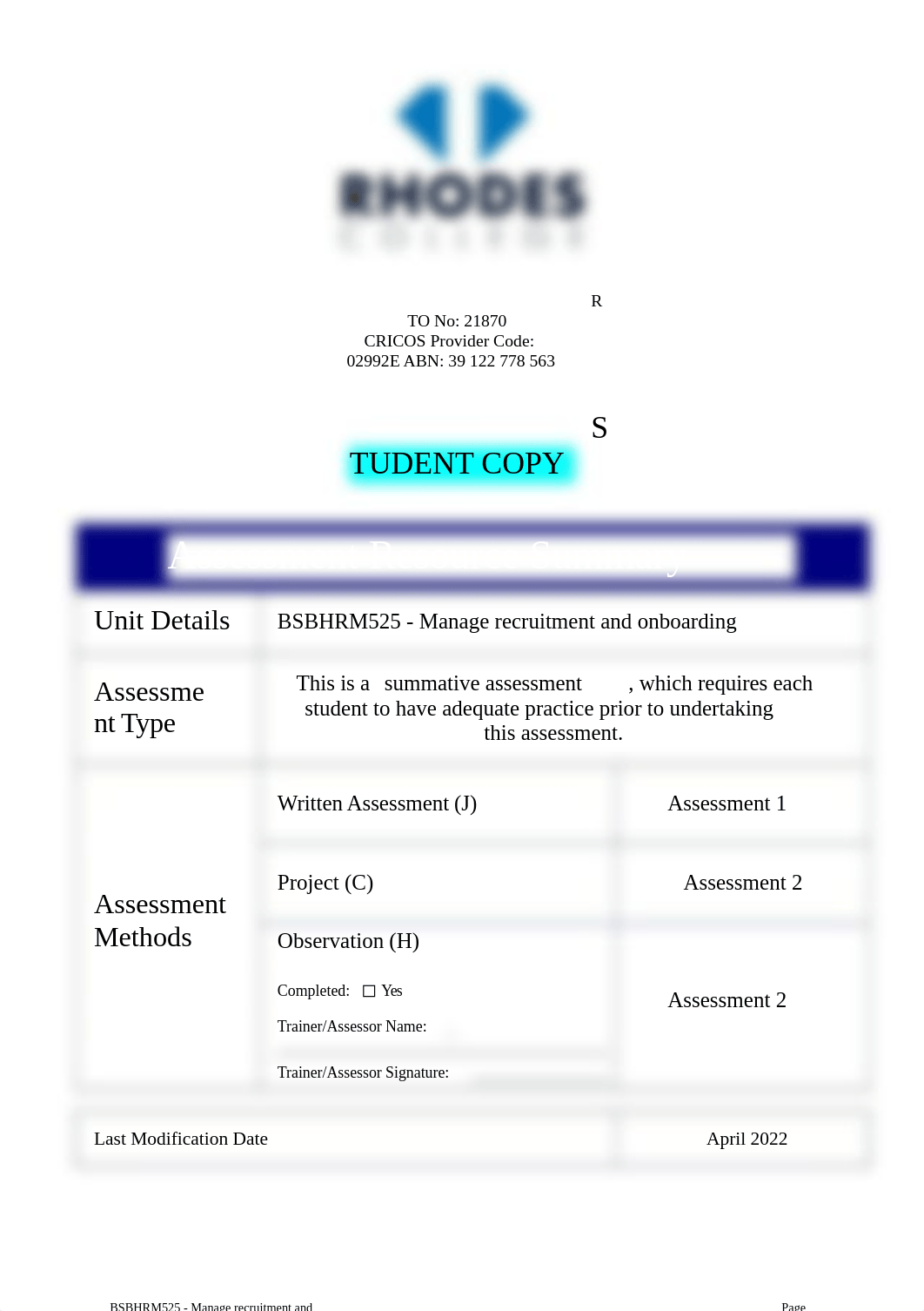 (Complete)SA Tool - BSBHRM525 - Manage recruitment and onboarding - v April 2022 (1).docx_dbdhy7xdxje_page1