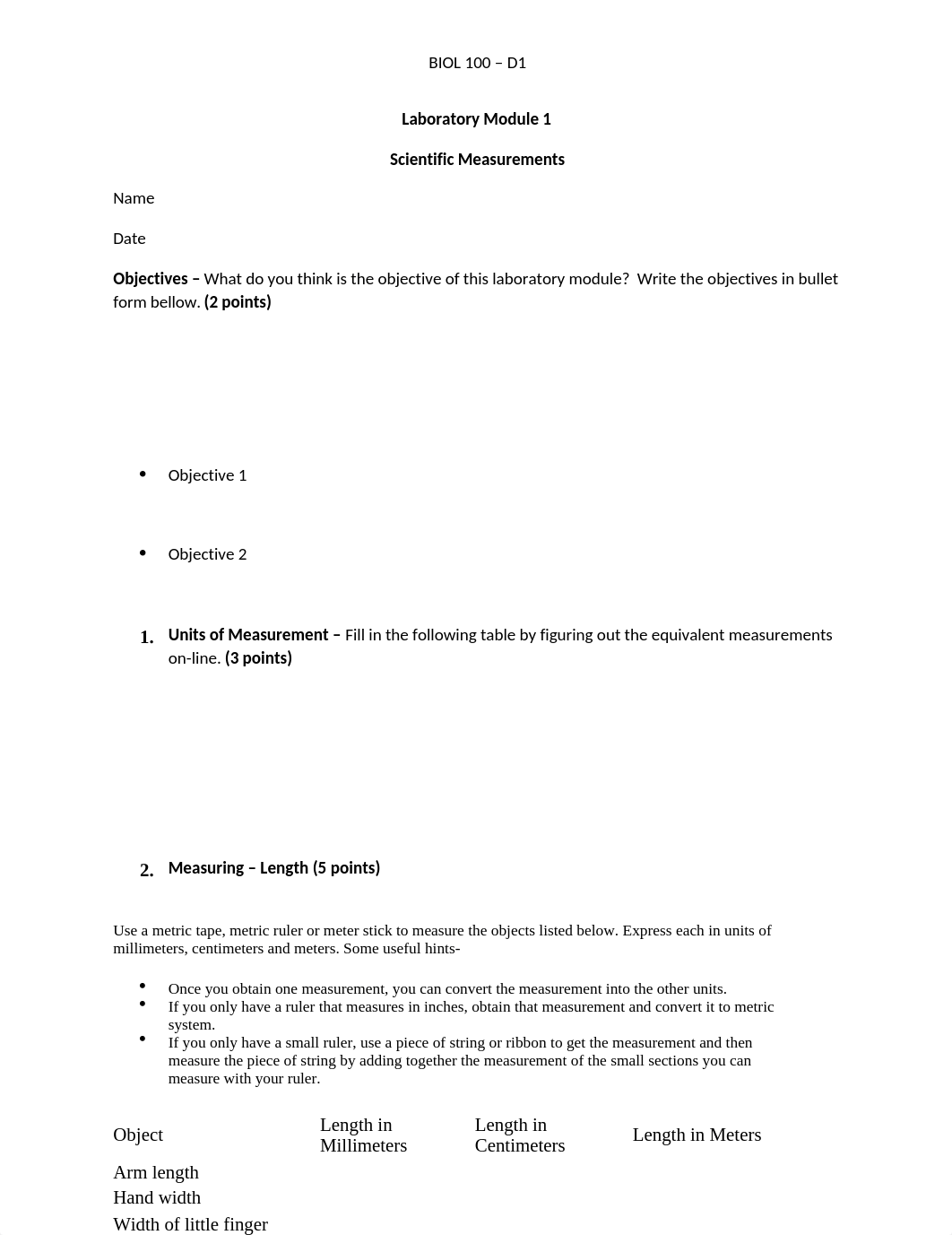 BIOL 100L - Worksheet Lab Module 1 Modified 2020 Scientific Measurement.docx_dbe7f6mh770_page1