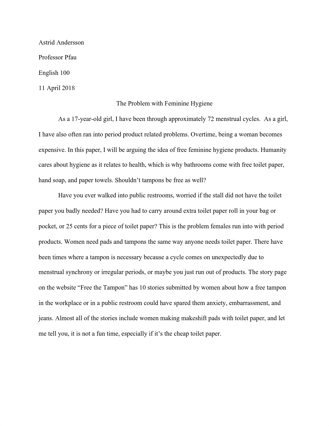 Final Essay_ Feminine Hygiene .pdf_dbf4h8gt1zb_page1