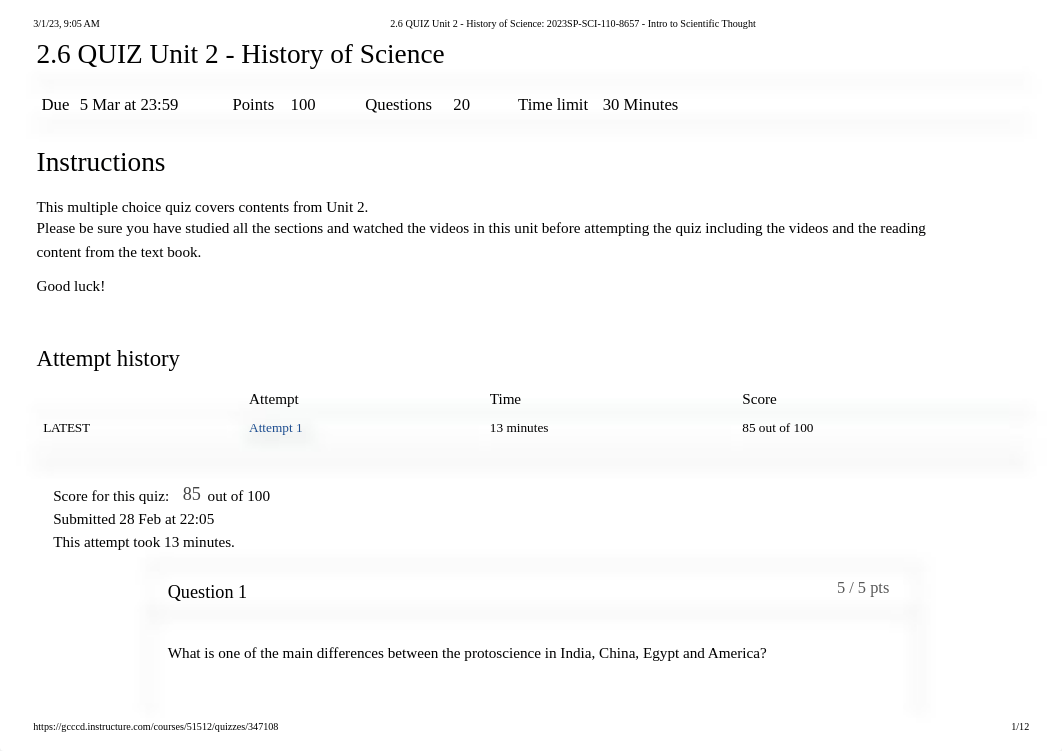 2.6 QUIZ Unit 2 - History of Science_ 2023SP-SCI-110-8657 - Intro to Scientific Thought.pdf_dbg7cz3d1se_page1