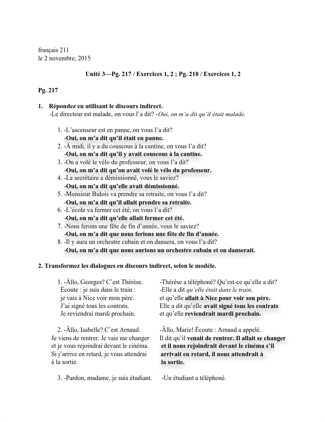 French 211--Unité 3—Pg. 217 : Exercices 1, 2 ; Pg. 218 : Exercices 1, 2_dbh11x3fkha_page1