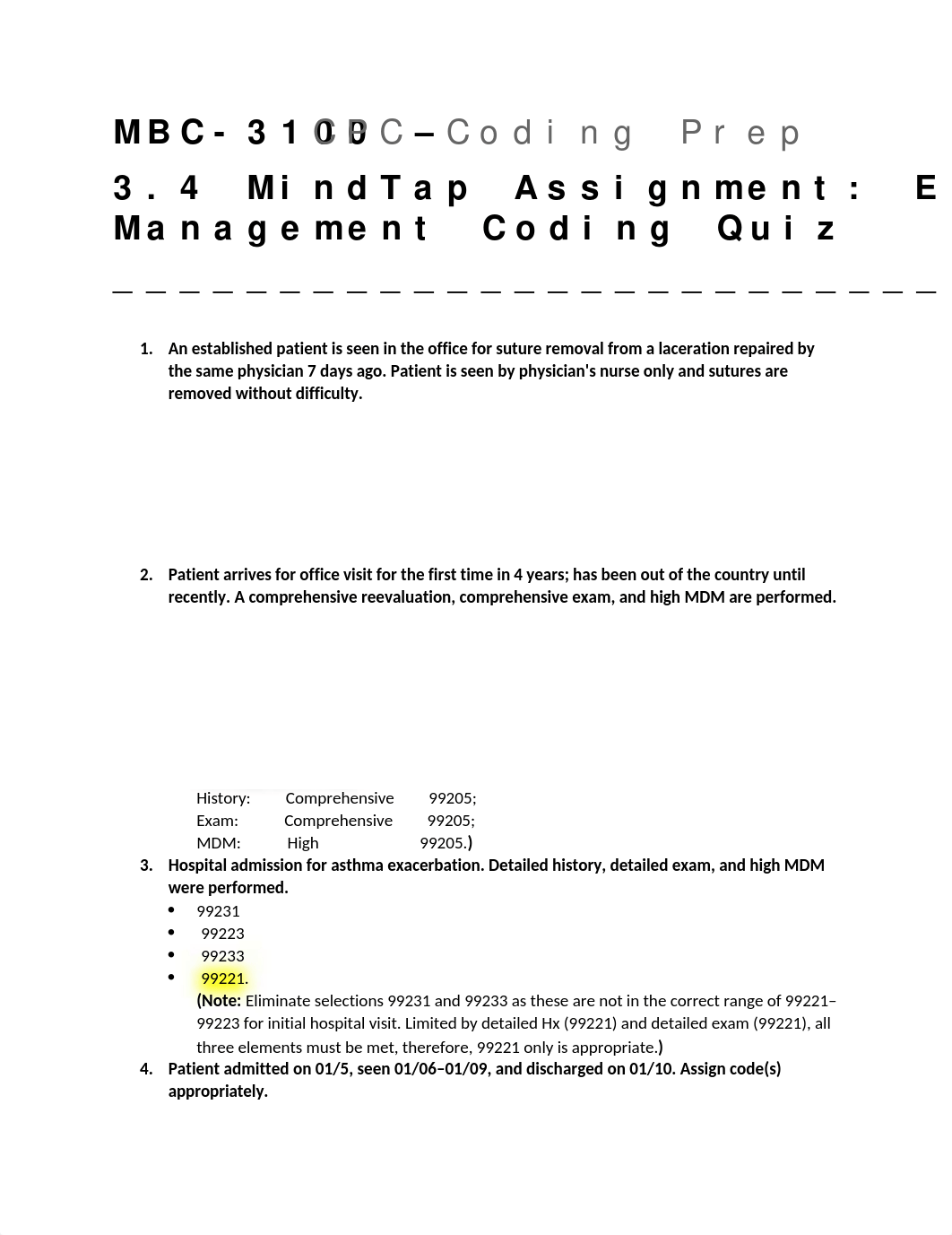 MBC3100 - CPC Coding Prep - 3.4 MindTap Assignment - Evaluation and Management Coding Quiz.docx_dbiyt5kfzte_page1