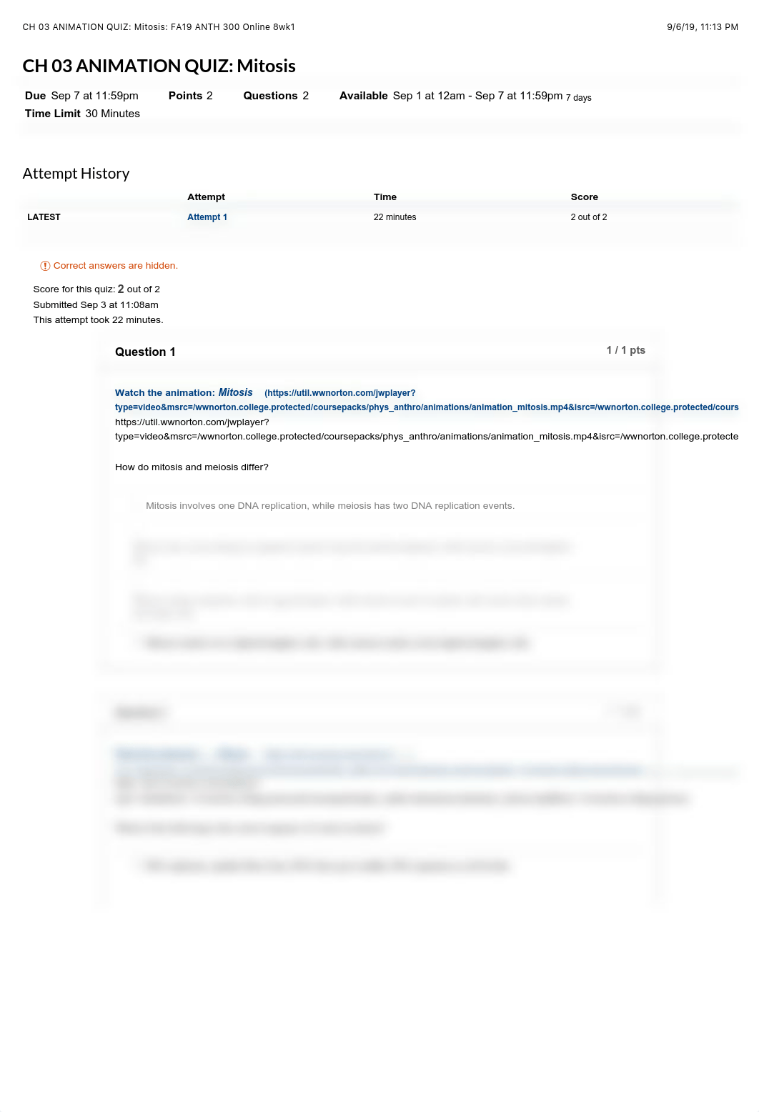CH 03 ANIMATION QUIZ: Mitosis: FA19 ANTH 300 Online 8wk1.pdf_dbj8aa2hjru_page1