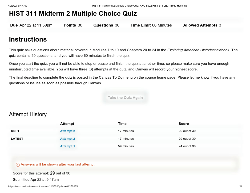 HIST 311 Midterm 2 Multiple Choice Quiz_ ARC Sp22 HIST 311 LEC 18980 Hashima - 2.pdf_dbj8d125uaz_page1