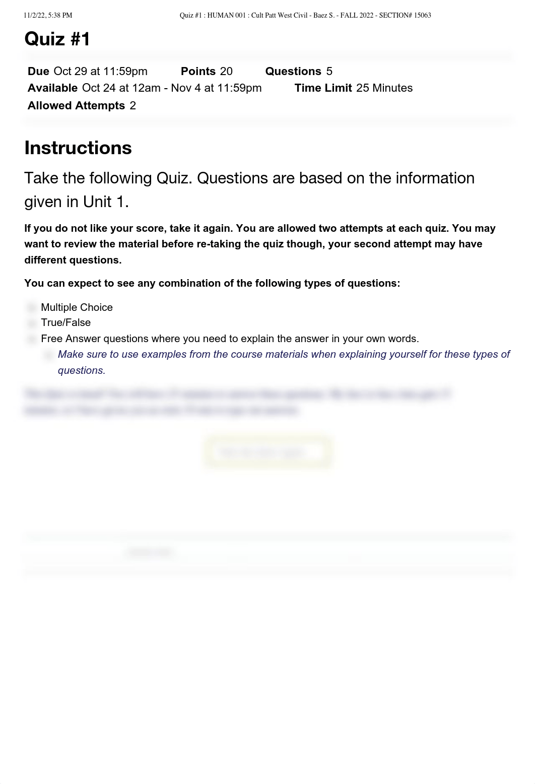 Quiz #1 _ HUMAN 001 _ Cult Patt West Civil - Baez S. - FALL 2022 - SECTION# 15063.pdf_dbjlhqx25or_page1