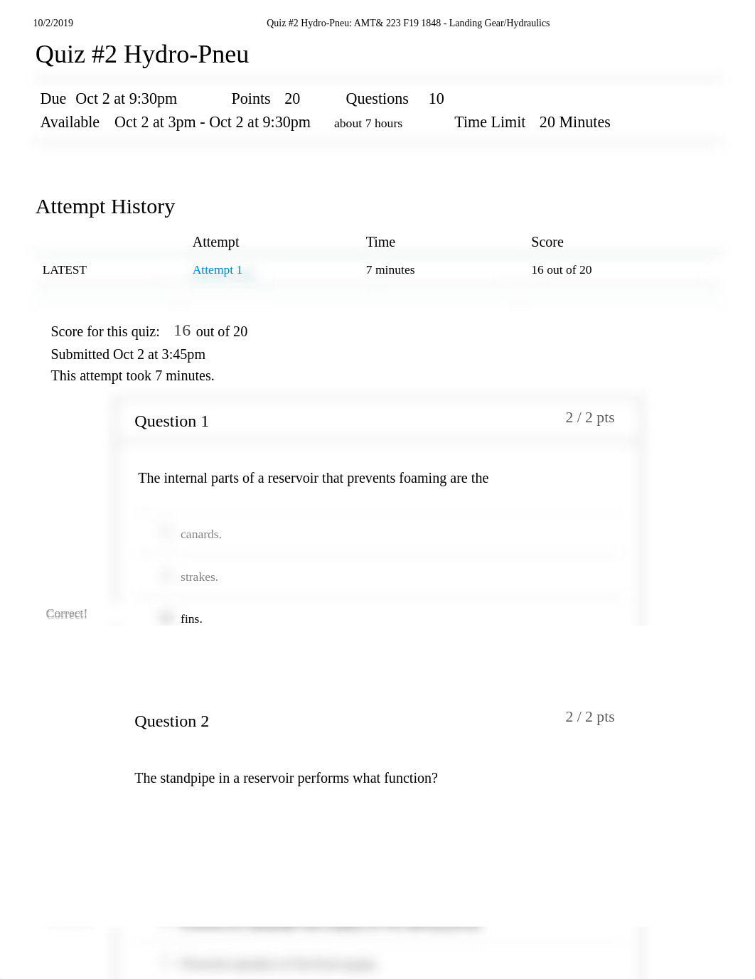 Quiz #2 Hydro-Pneu_ AMT& 223 F19 1848 - Landing Gear_Hydraulics.pdf_dbjm112xmeq_page1