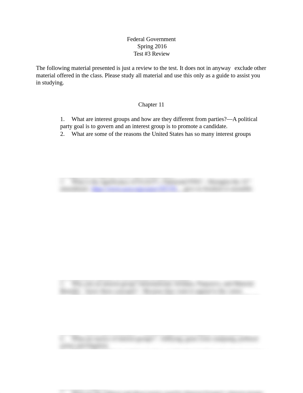 FEDERAL GOVT 2305 Test #3 Review chapts 11, 12, and 13 - IG, Congress, & Executive SPRING 2016_dbm3py6cs96_page1