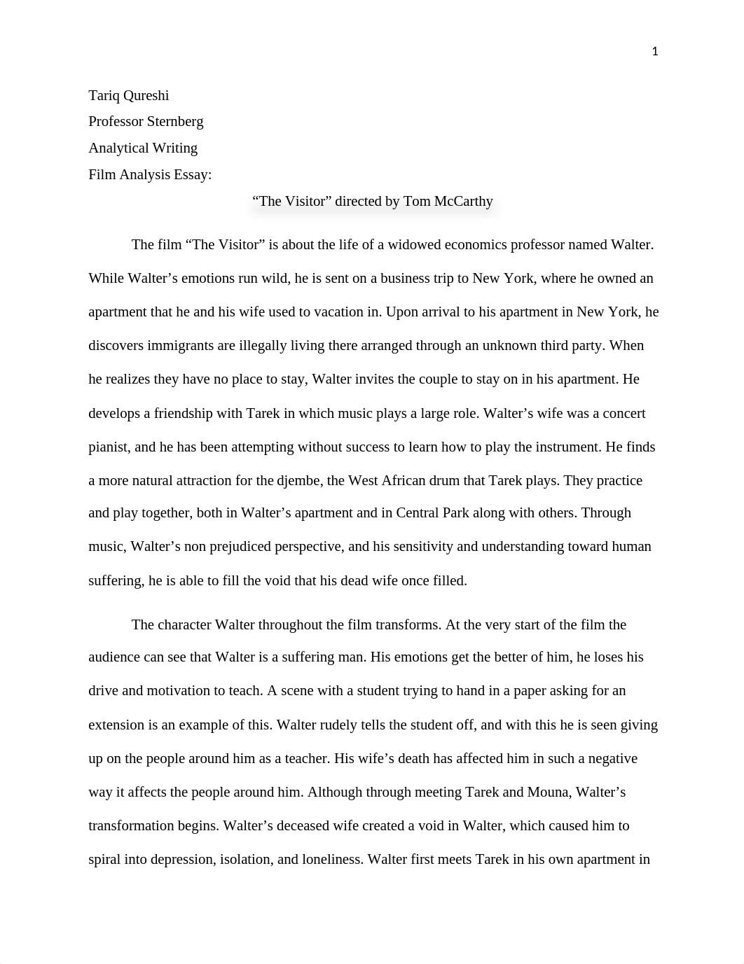 Film Analysis Essay -- The Visitor directed by Tom McCarthy.docx_dbrpd7v62hi_page1