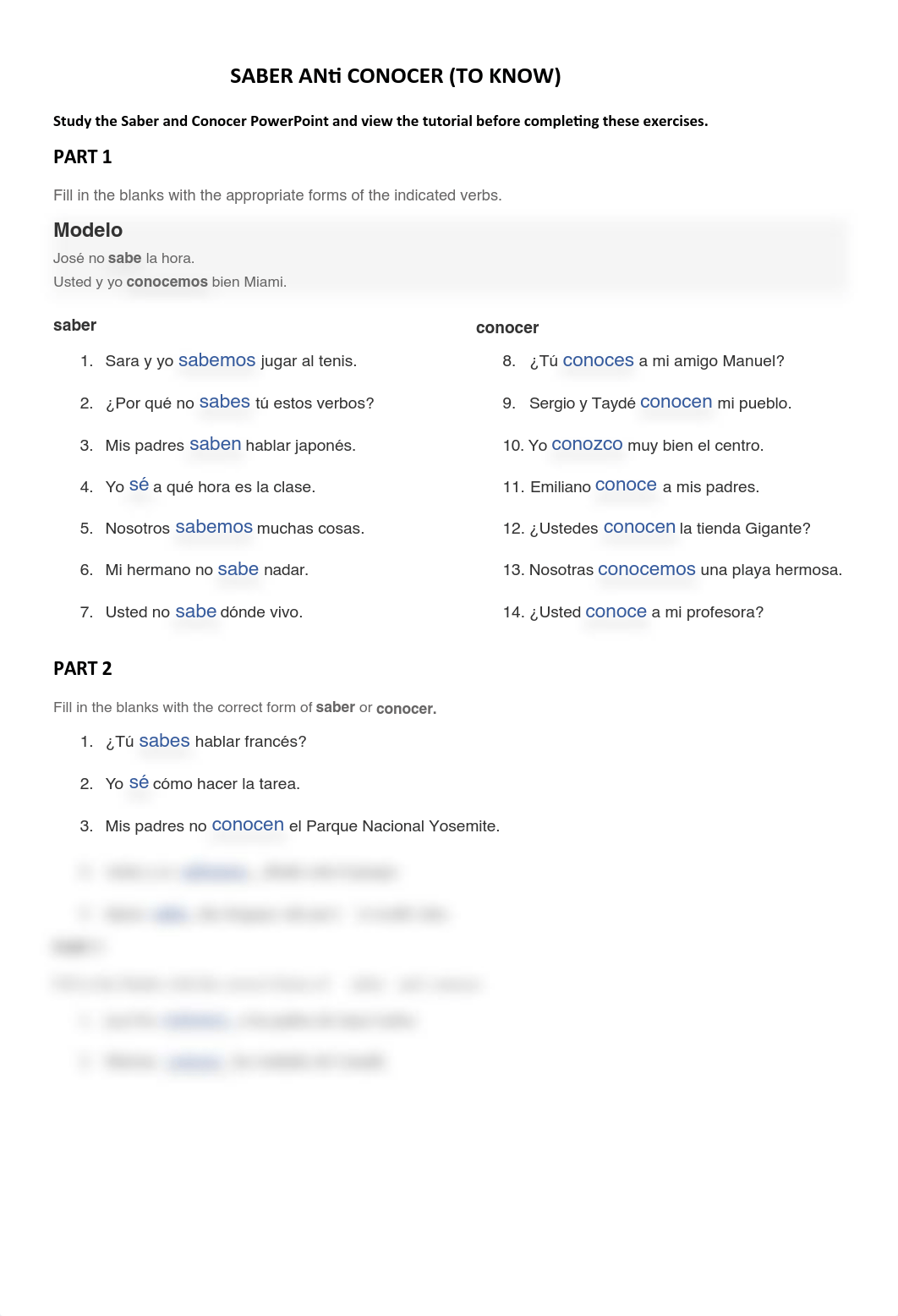 Leccion 6 - Saber and Conocer- Exercises SPA101.pdf_dbtmjnz0osg_page1