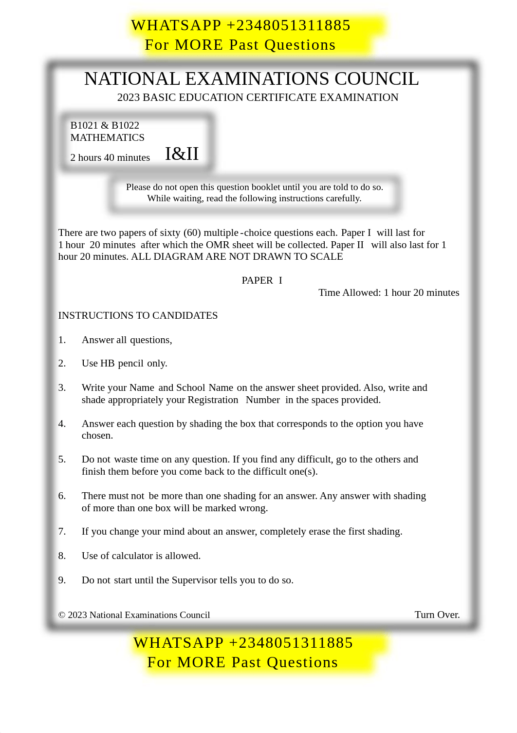 JSS3 NECO BECE Mathematics Past Questions.pdf_dbzdzye339p_page1