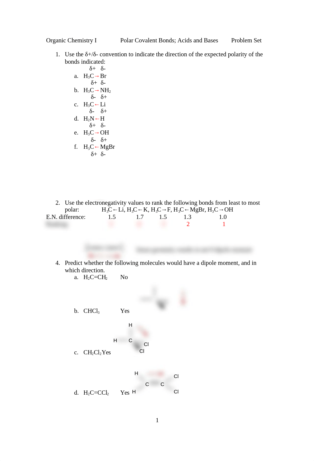 Organic Chemistry I Polar Covalent Bonds Problem Set Answer Key_dc0gd5f6dag_page1