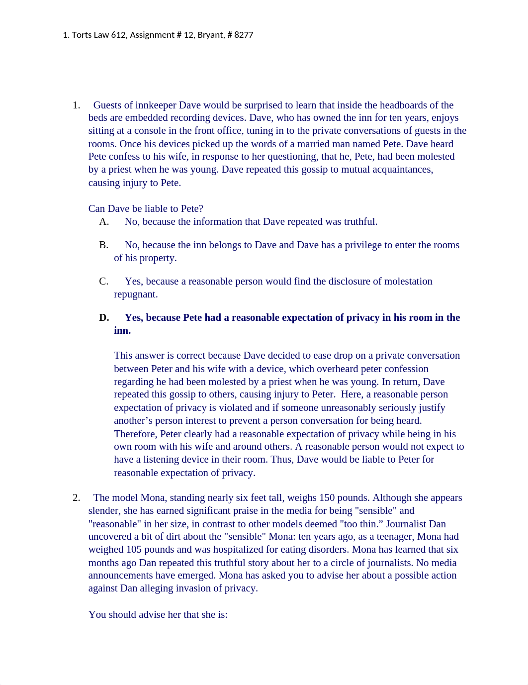 Law 612 Torts 612 Assignment 12.docx_dc0h56otqdq_page1