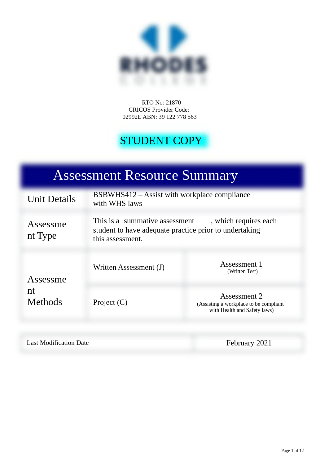 SATool - BSBWHS412 - Assist with compliance with WHS laws v Feb 2021 (1).docx_dc0lpmekrki_page1