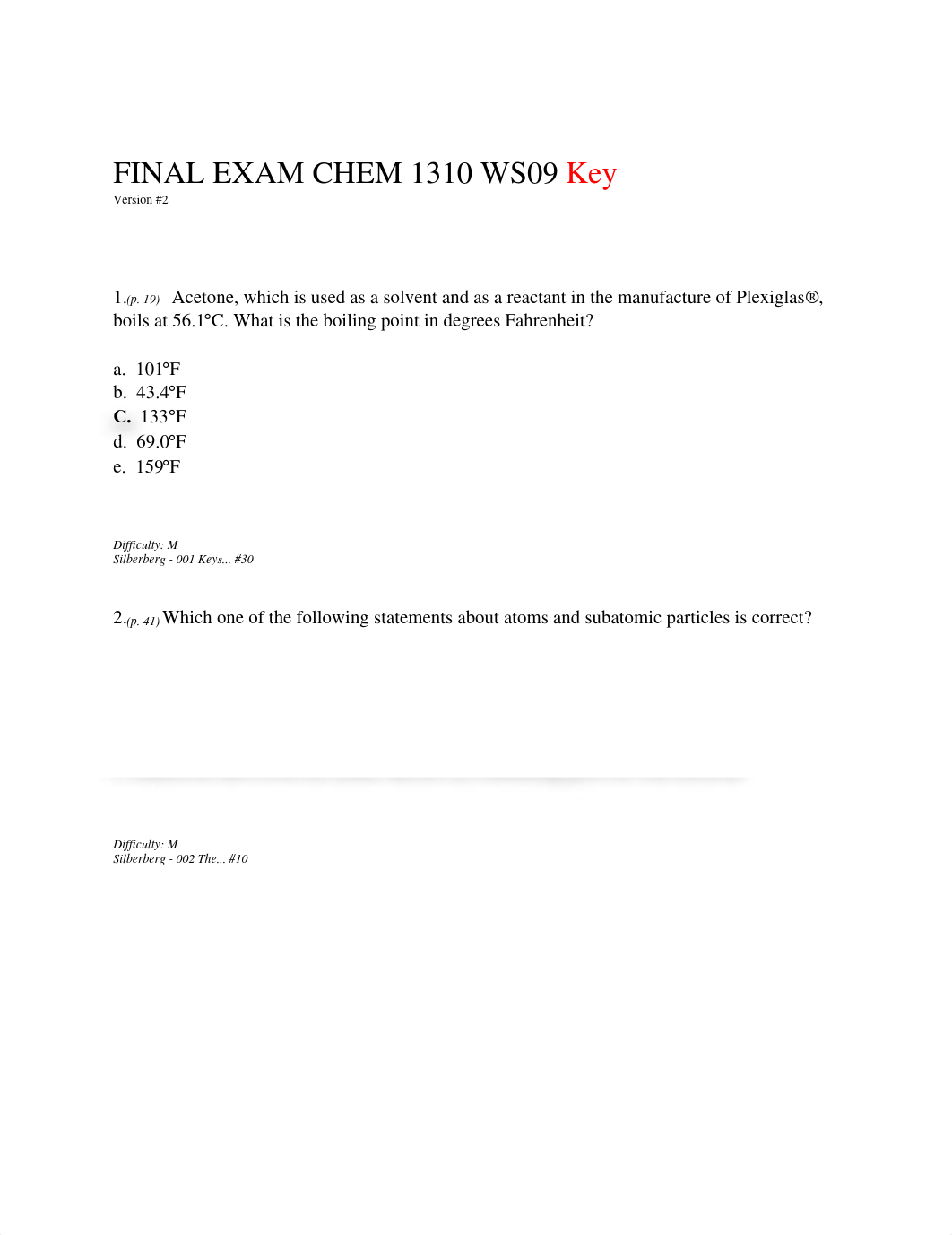 FINAL EXAM CHEM 1310 WS09 Key Ver 2 GREEN_dc382tr3nyk_page1