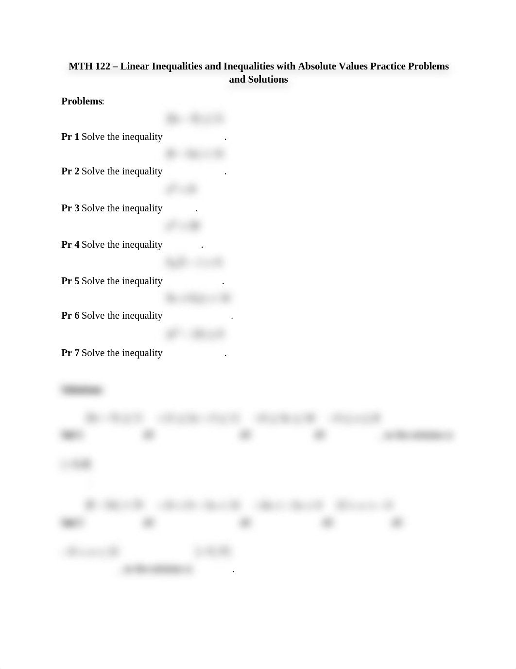 MTH 122 - Linear Inequalities and Inequalities with Absolute Values Practice Problems and Solutions_dc5vz19nnvi_page1