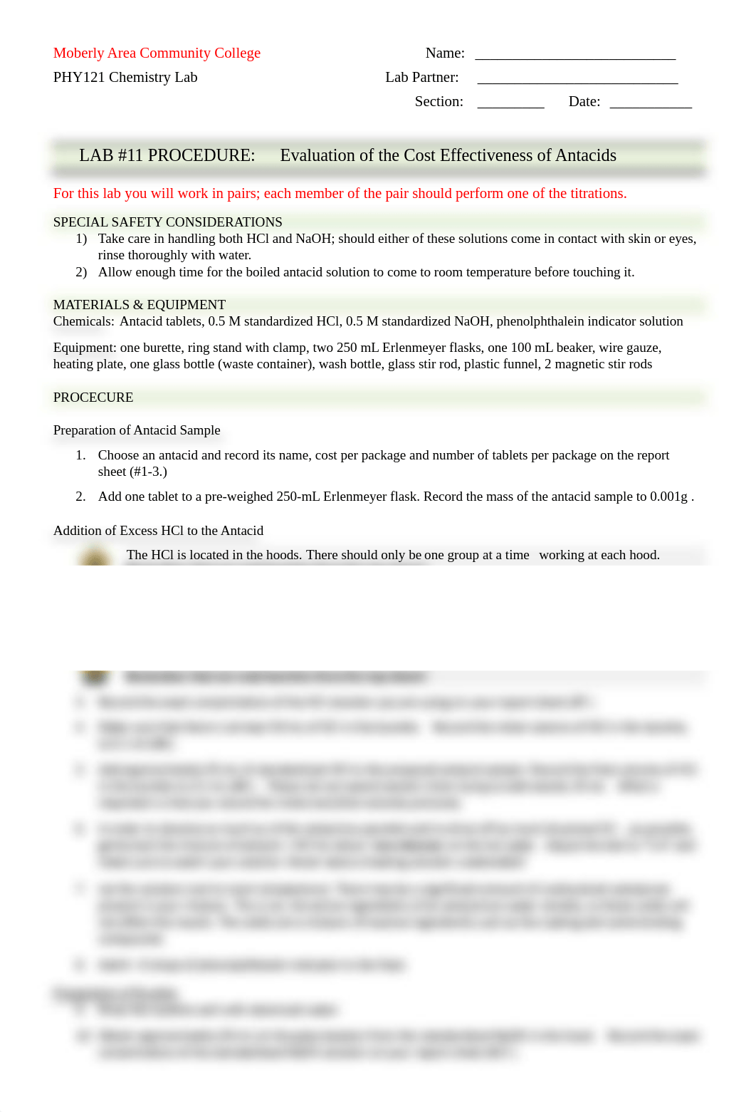 PHY121 LAB 11 Evaluation of the Cost Effectiveness of Antacids (PROCEDURE)_dc9b4c1mcel_page1