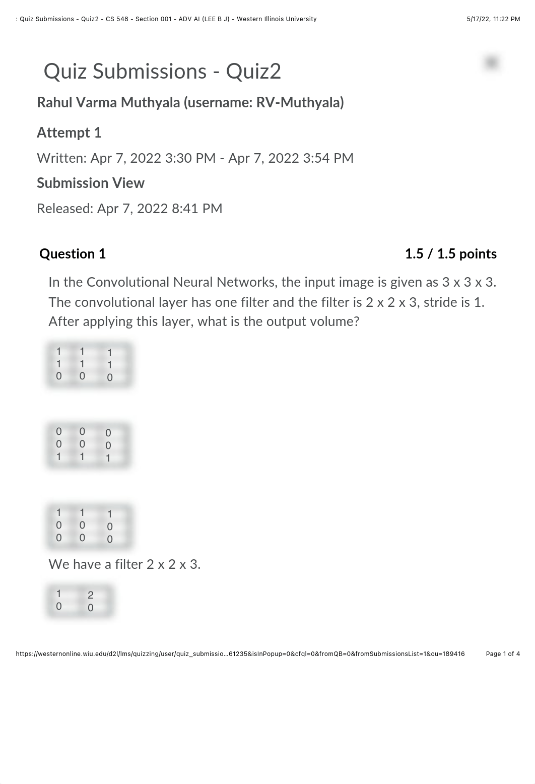 : Quiz Submissions - Quiz2 - CS 548 - Section 001 - ADV AI (LEE B J) - Western Illinois University.p_dc9dyfvg9vp_page1