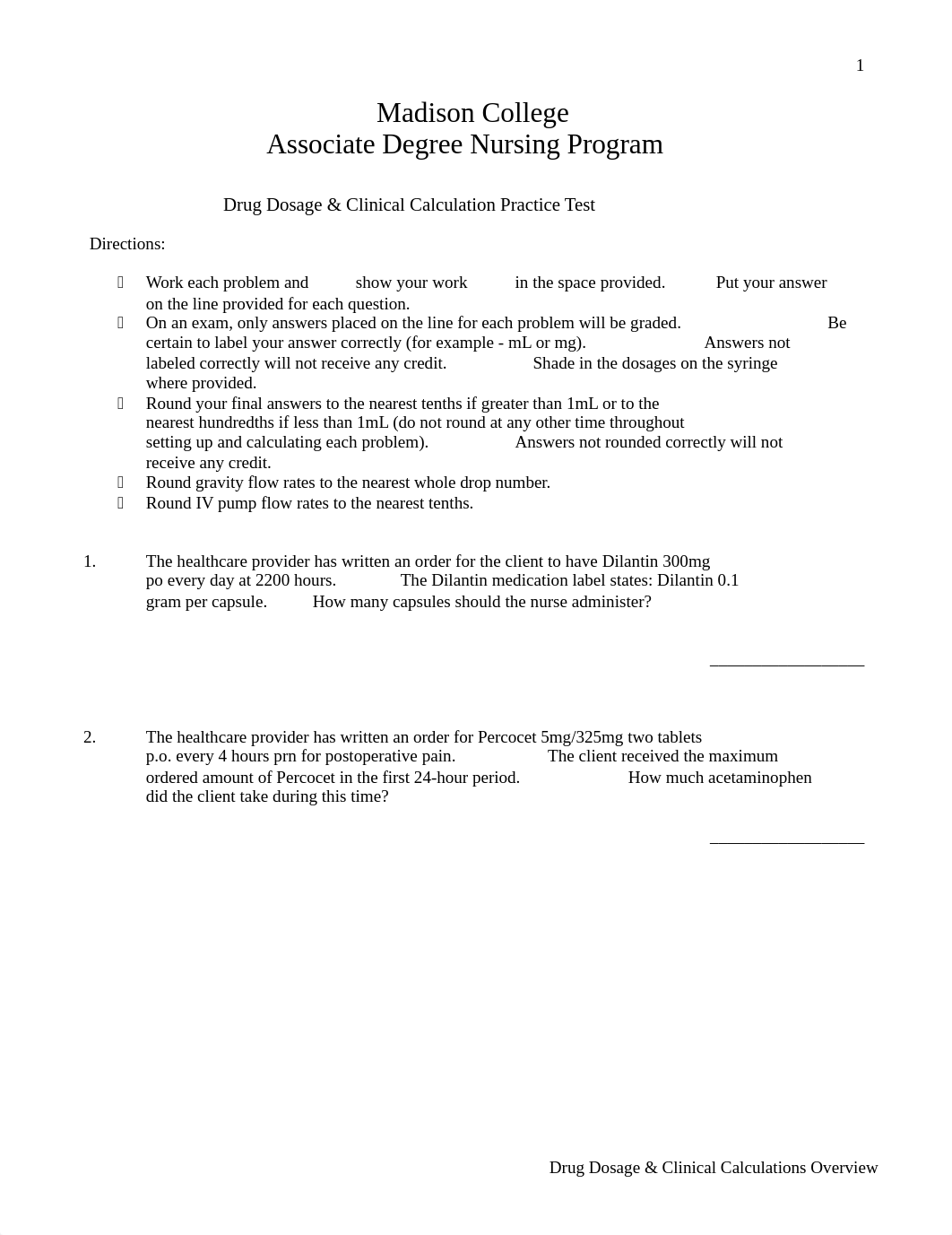 Drug Dosage and Clinical Calculations Self Practice Test with Key.docx_dcbdp1hpofy_page1