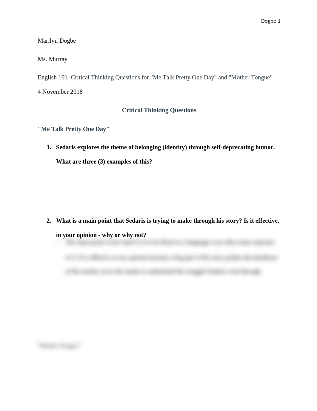 English 101- Critical Thinking Questions for Me Talk Pretty One Day and Mother Tongue.docx_dcd5wfn3cap_page1