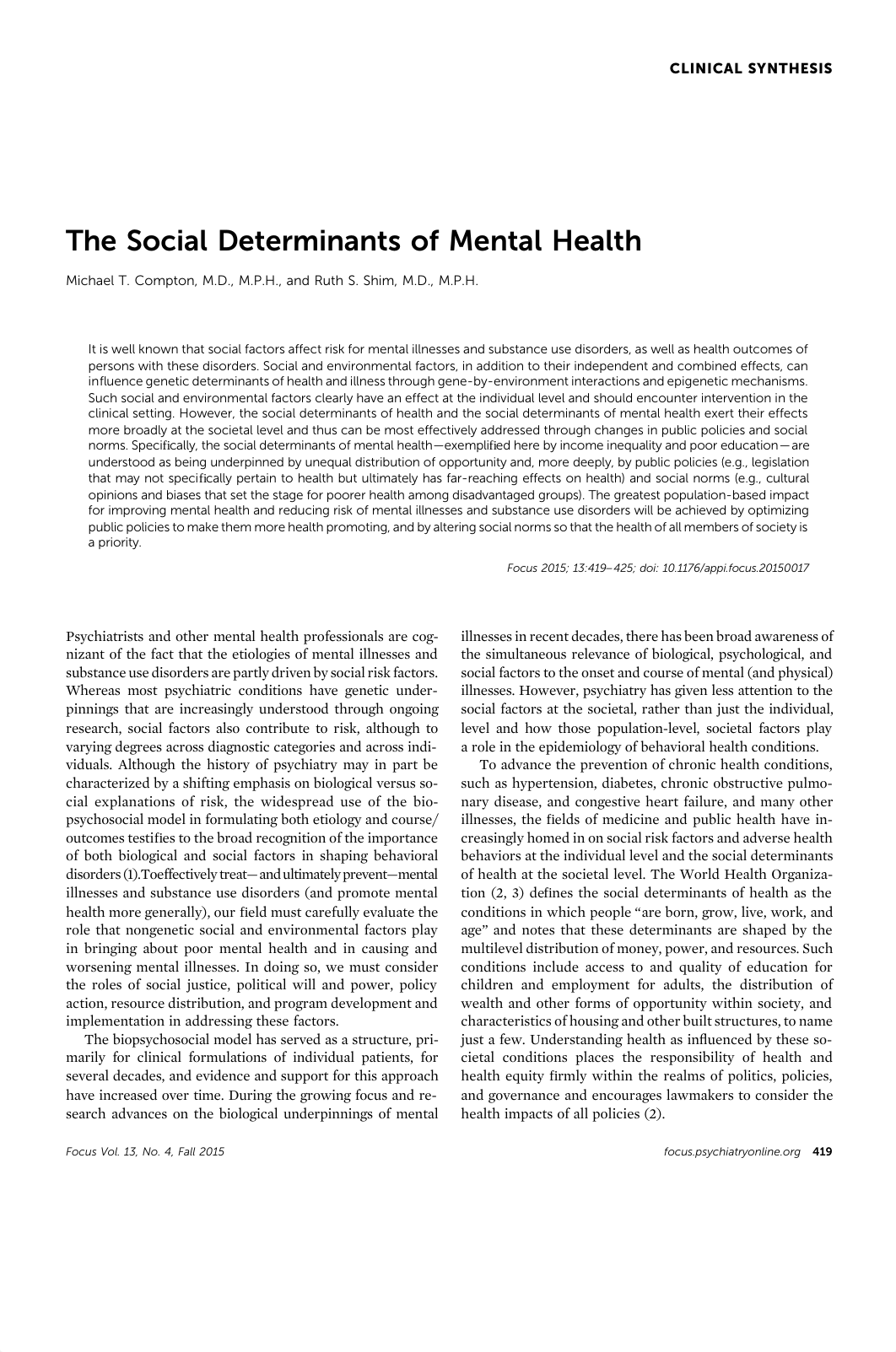 Compton Shim 2015 Clinical Synthesis Social Determ of Mental Health.pdf_dcee7h5ijsx_page1