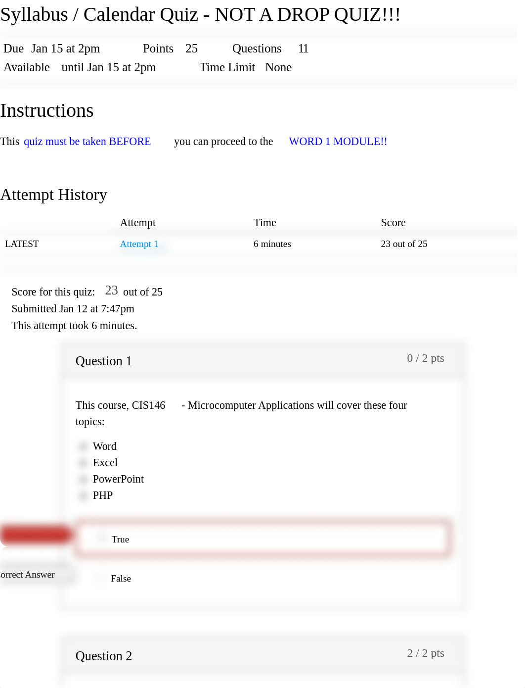 Syllabus : Calendar Quiz - NOT A DROP QUIZ!!!: CIS146 _01374_MICROCOMPUTER APPLICATIONS.pdf_dceevx253co_page1