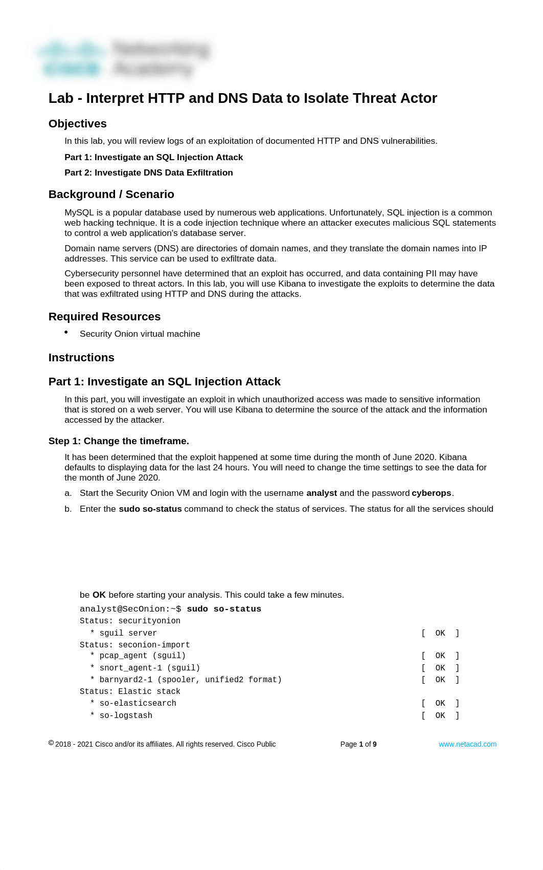 27.2.12 Lab - Interpret HTTP and DNS Data to Isolate Threat Actor.docx_dcfjyu11sdt_page1