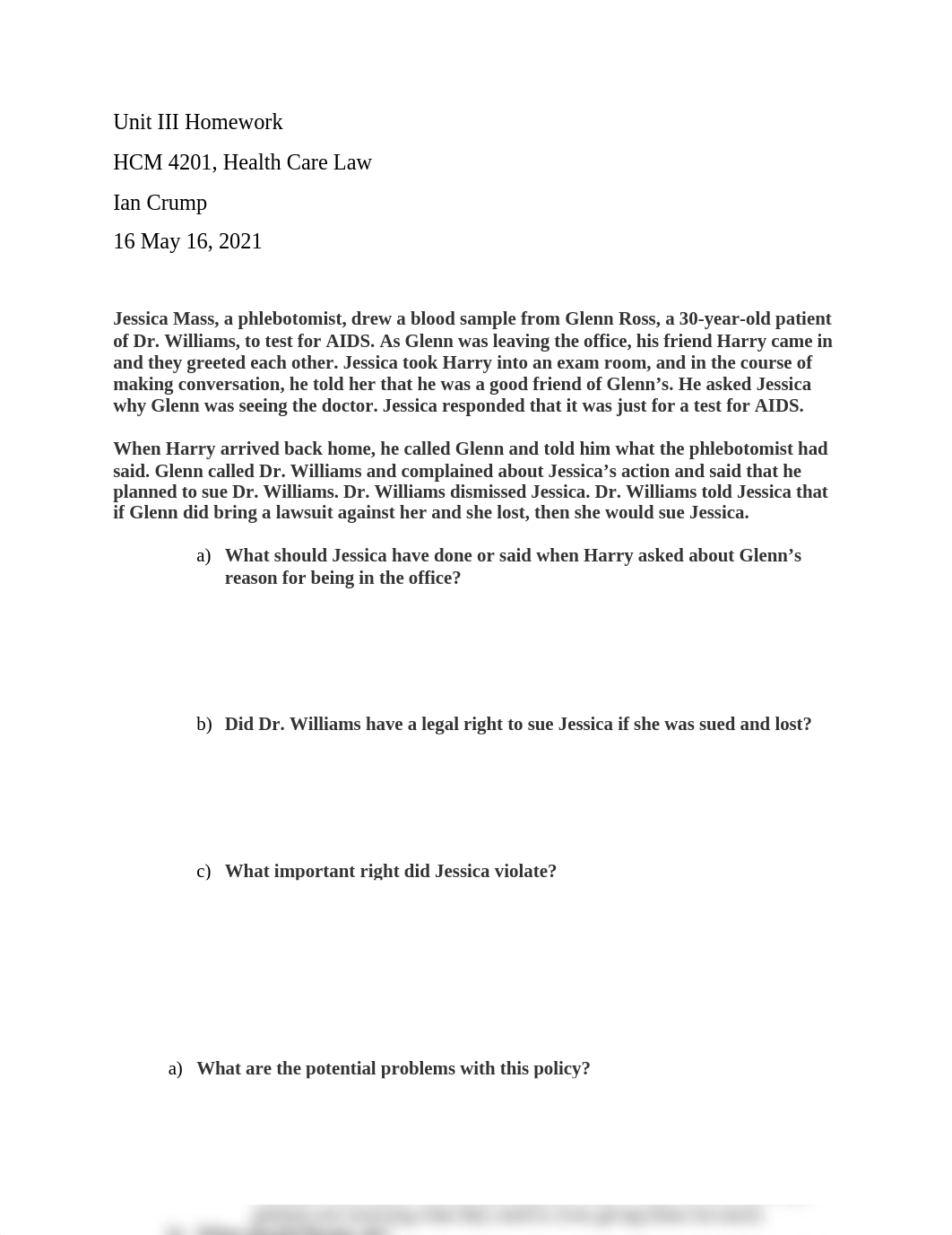 Unit III Homework Health Care Law Ian Crump.docx_dcfvpdqt9za_page1