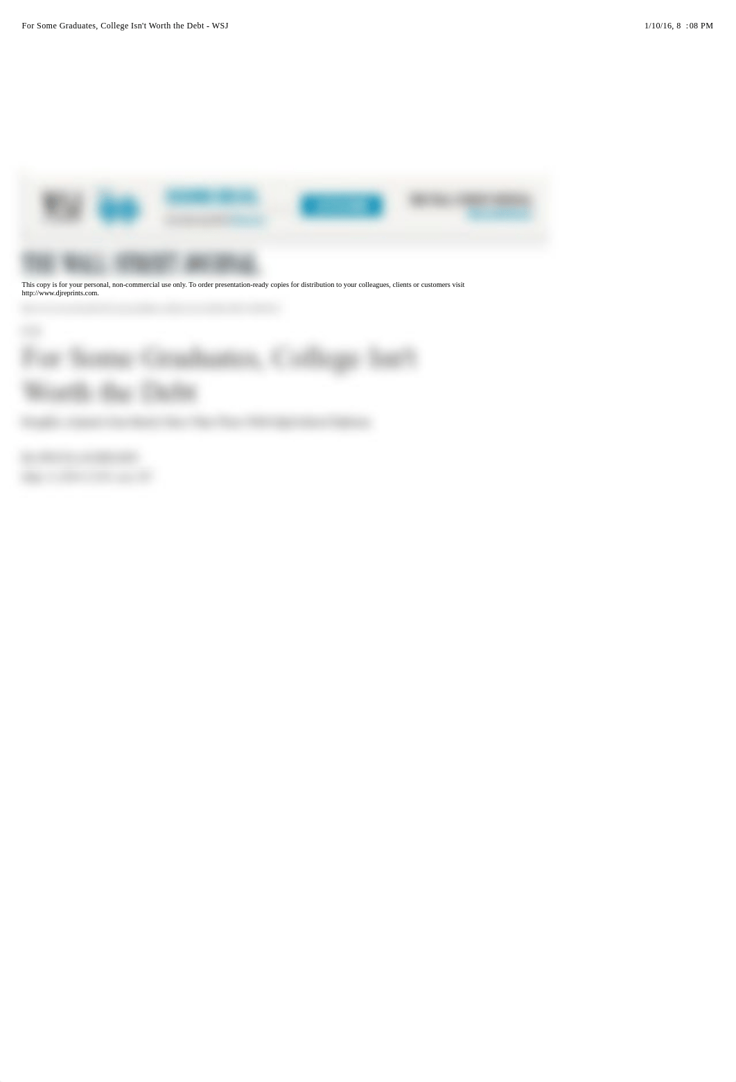 For Some Graduates, College Isn't Worth the Debt - WSJ_dch6swv22g7_page1