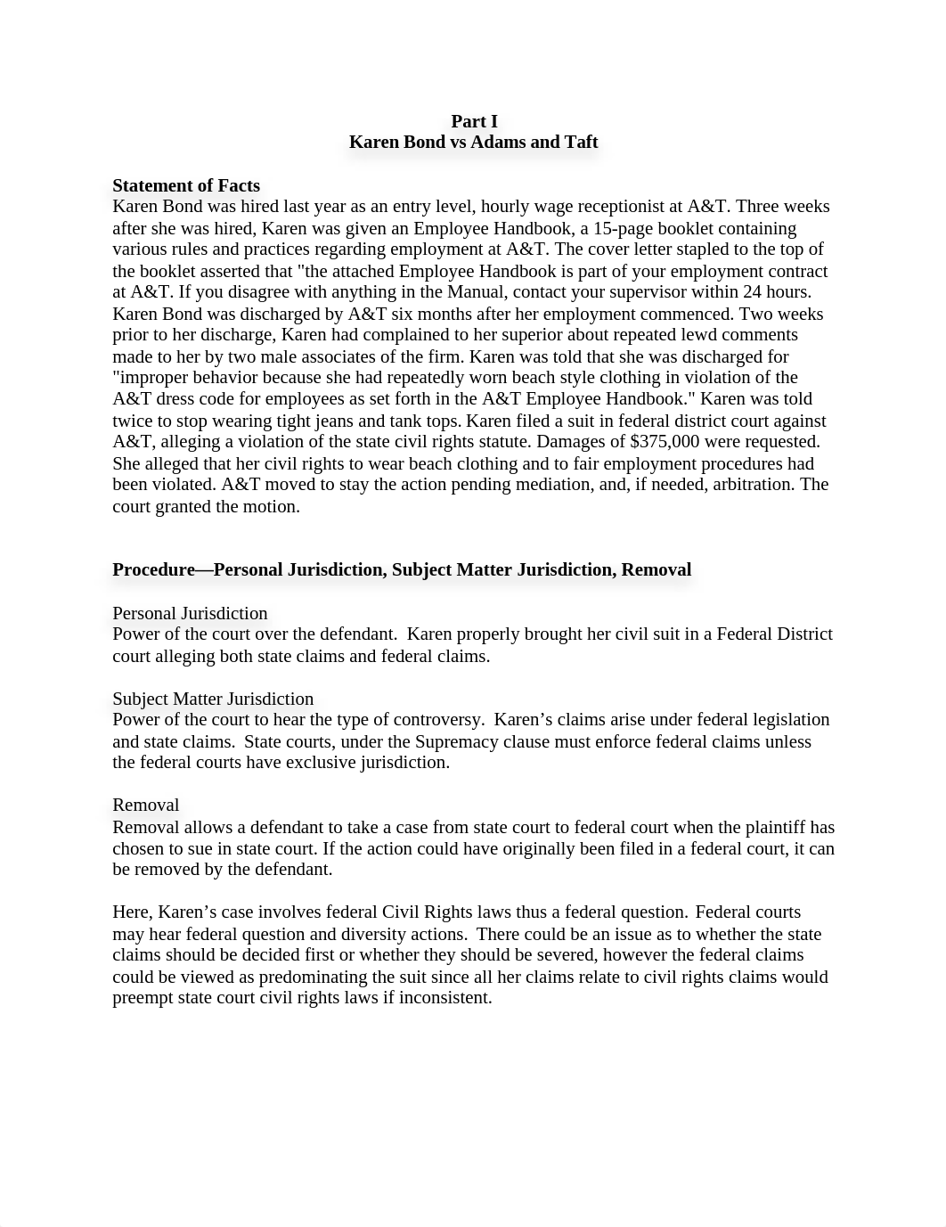 Part I
Karen Bond vs Adams and Taft
Statement of Facts
Karen Bond was_dchqdvrnrmn_page1