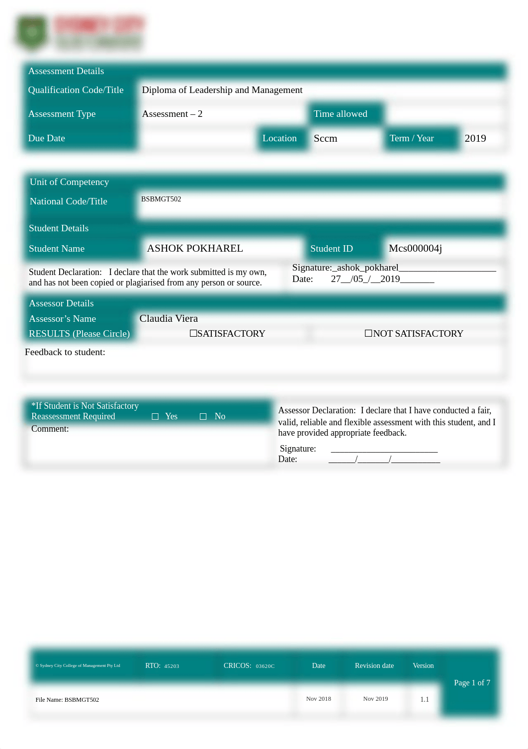 BSBMGT502 Student Assessment Task 2 (2)ashok (1).docx_dcjghcl34l9_page1