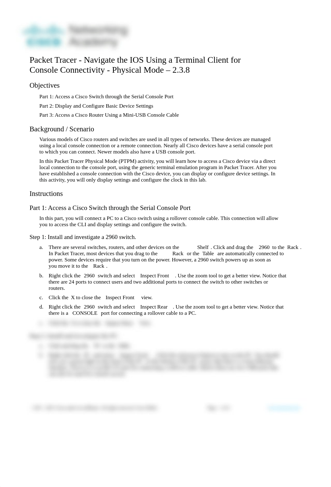 2.3.8 Packet Tracer - Navigate the IOS Using a Terminal Client for Console Connectivity - Physical M_dckb69le6w2_page1