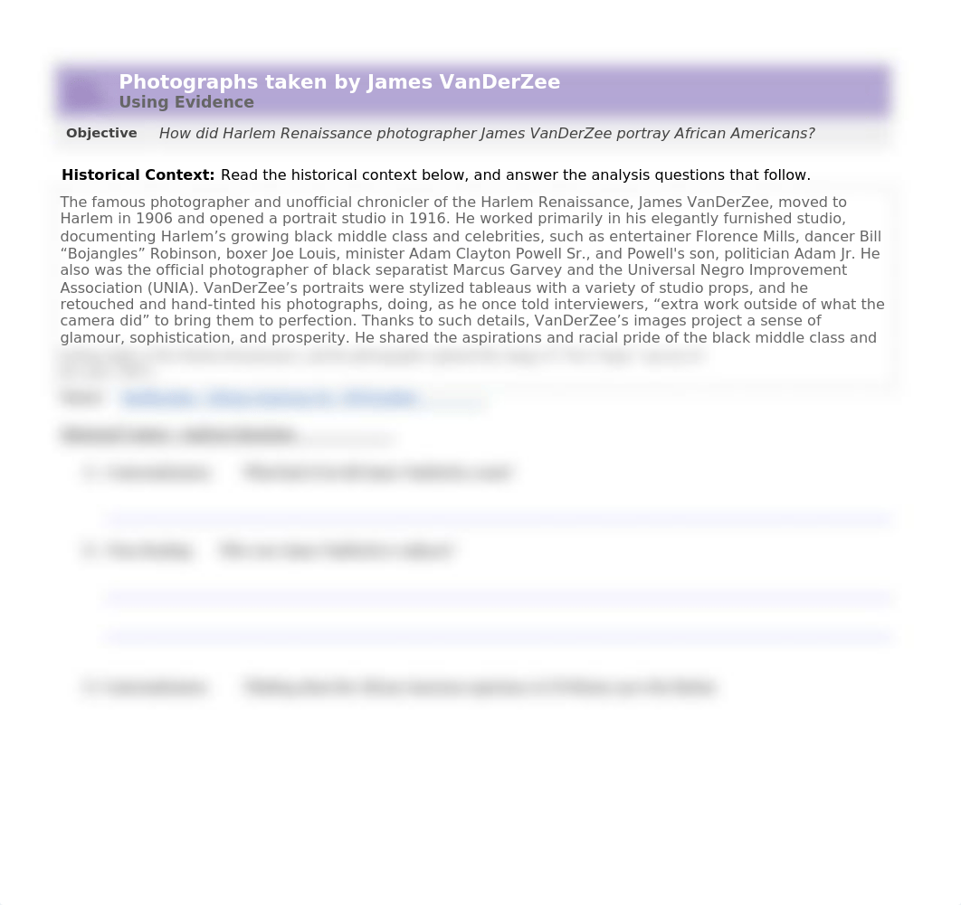 Unit 7_Using Evidence_Harlem Renaissance_James VanDerZee Photographs_3.0.docx_dclk44nfj05_page1