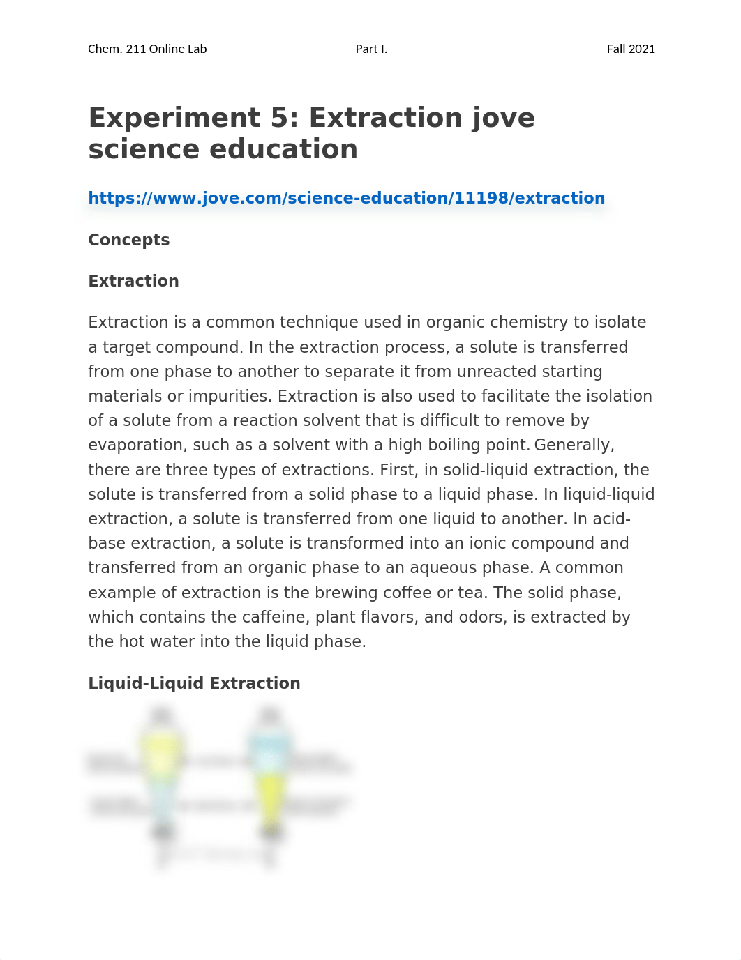 CHEM 211 Experiment 5 Separation by Solvent Extraction_joVE Remote Lab Part I Fall 2021.docx_dcsrqglgxur_page1