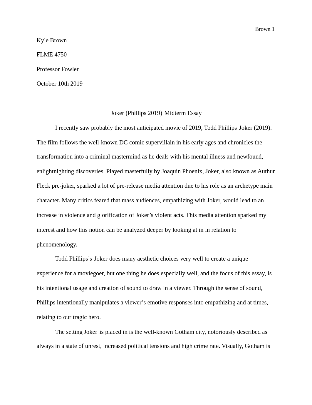 Joker (Phillips 2019) Midterm Essay - Kyle Brown.pdf_dcstxexsa9j_page1