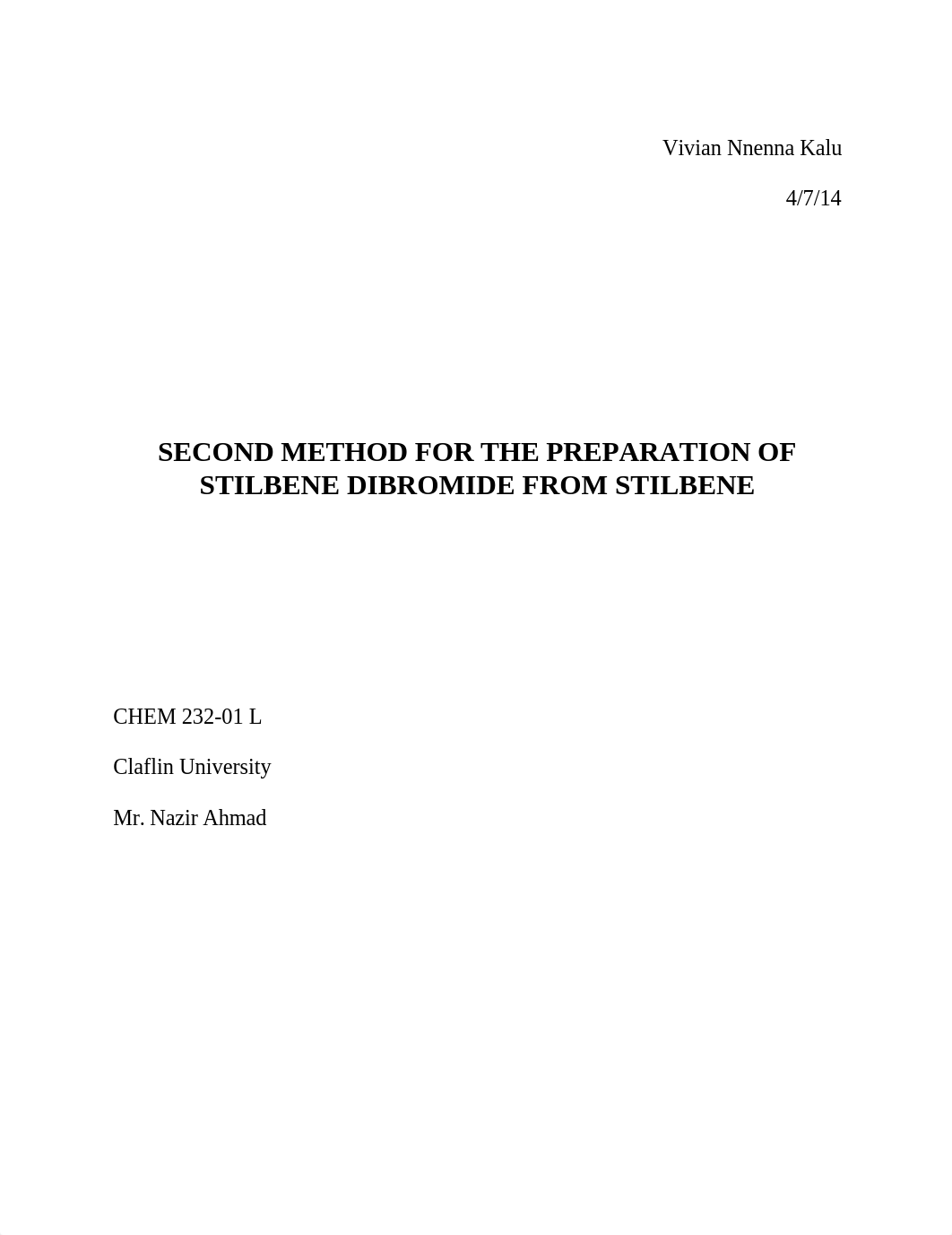 SECOND METHOD FOR THE PREPARATION OF STILBENE DIBROMIDE FROM STILBENE_dcu4st1jjgi_page1