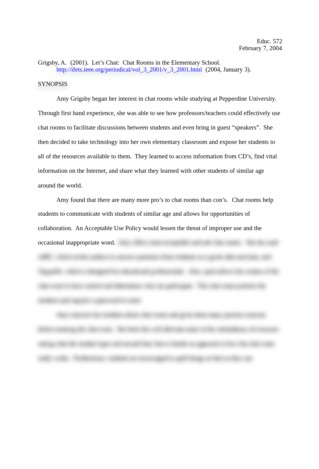 Journal Article Summary - Let's Chat  Chat Rooms in the Elementary School - Assignment_dcvbz48w2m1_page1