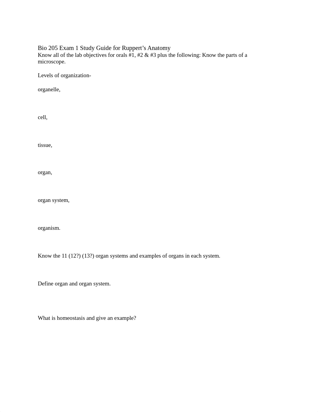 Bio 205 Exam 1 Study Guide for Ruppert.docx_dcx1n7r3a53_page1