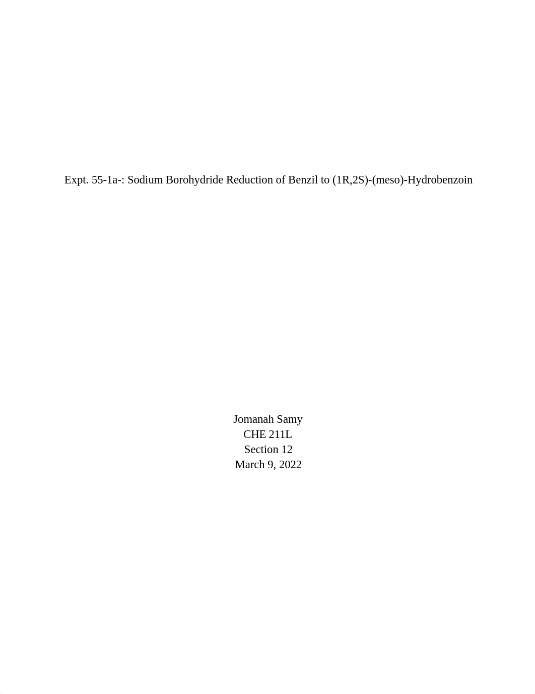 Expt. 55-1a-_ Sodium Borohydride Reduction of Benzil to (1R,2S)-(meso)-Hydrobenzoin.pdf_dcxy9xgs6dn_page1