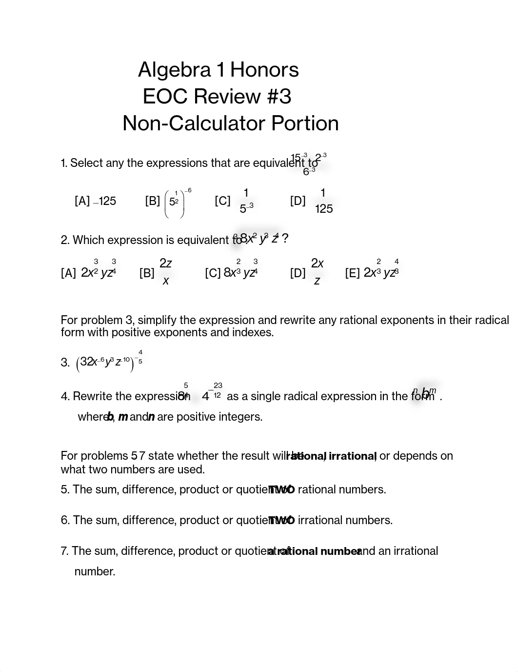 Algebra 1 Honors EOC Review _3_NON-CALCULATOR_.pdf_dd1marzovhq_page1