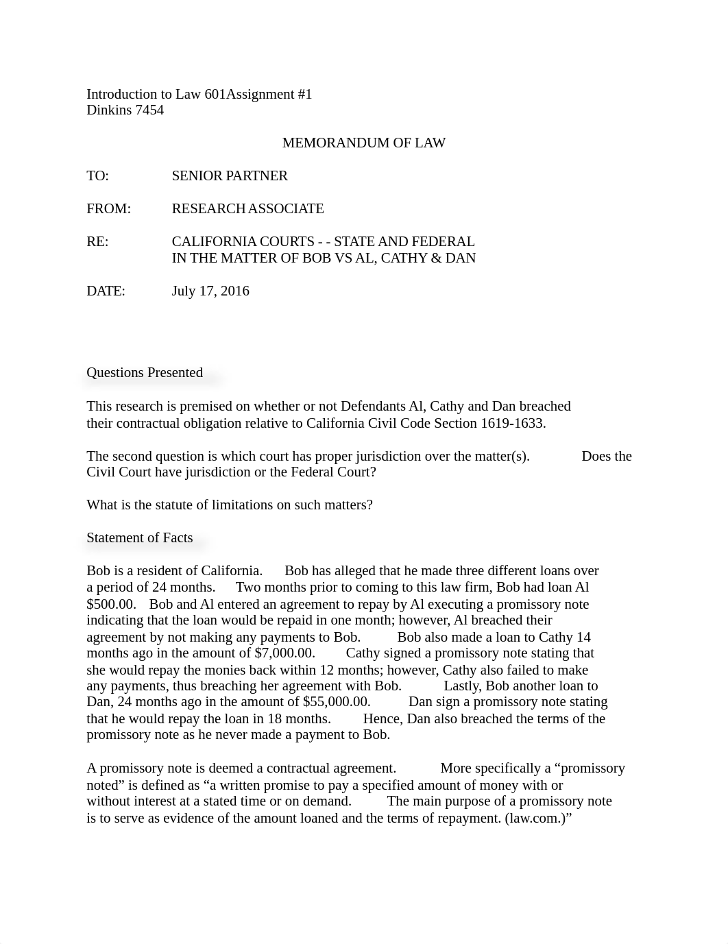 Introduction to Law 601 Assignment No. 1 - Dinkins_dd2wx3t7dg7_page1