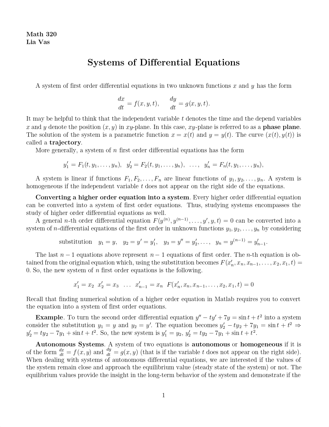 Lecture 7 on Systems of First Order Differential Equations, Phase Plane Analysis_dd3z6cow6ou_page1