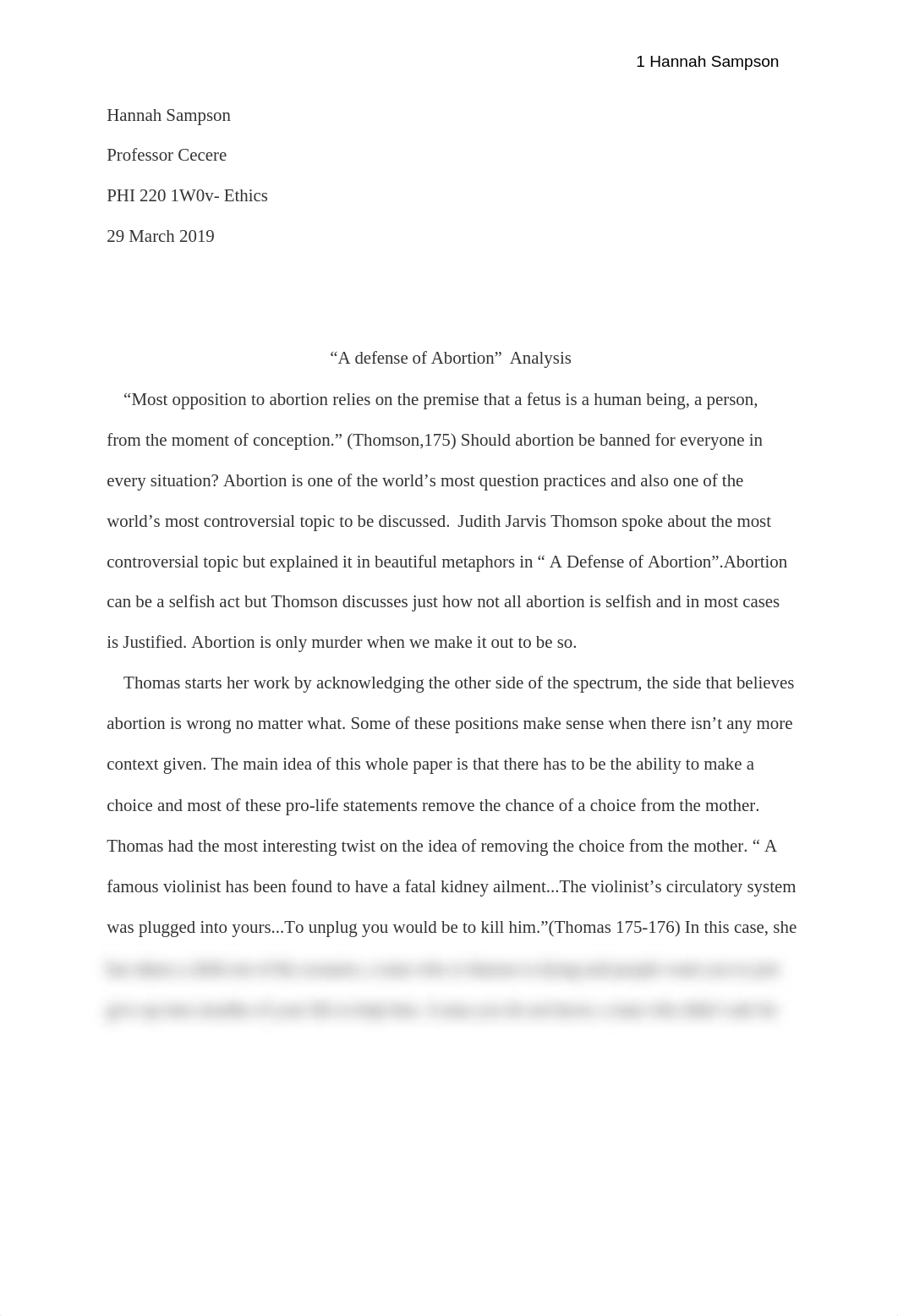 A defense of Abortion- Argument Analysis Essays: Hannah Sampson_dd6xcmtvacz_page1