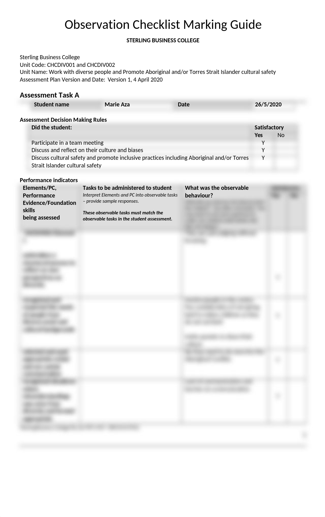 AZA CHCDIV001 AND CHCDIV002 ASSESSMENT A OBSERVATION CHECKLIST MARKING GUIDE.docx_dd77n1ow3q3_page1