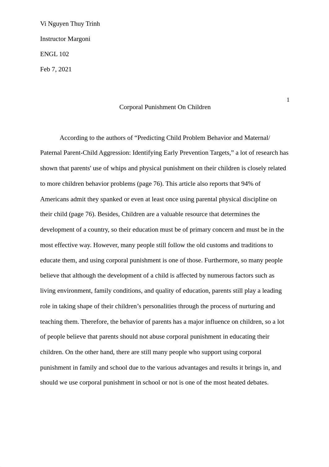 Rhetorical Analysis - Corporal Punishment On Children by Vi Trinh.docx_dd8515rny25_page1